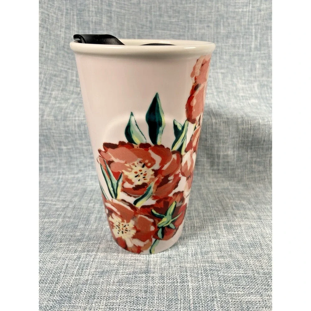 Starbucks 2015 Ceramic Travel Mug Tumbler Floral Poppy 10 oz. Black Plastic Lid